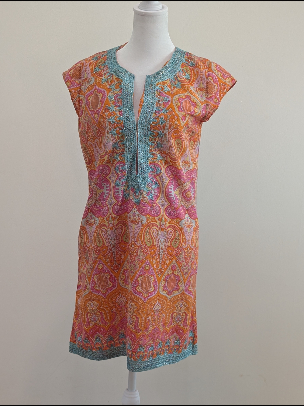 Calypso St. Barth Orange Pink Paisley Mini Dress with Teal Trim